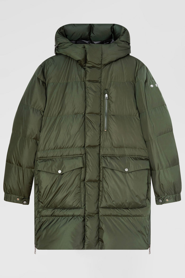 Down parka with branded hood