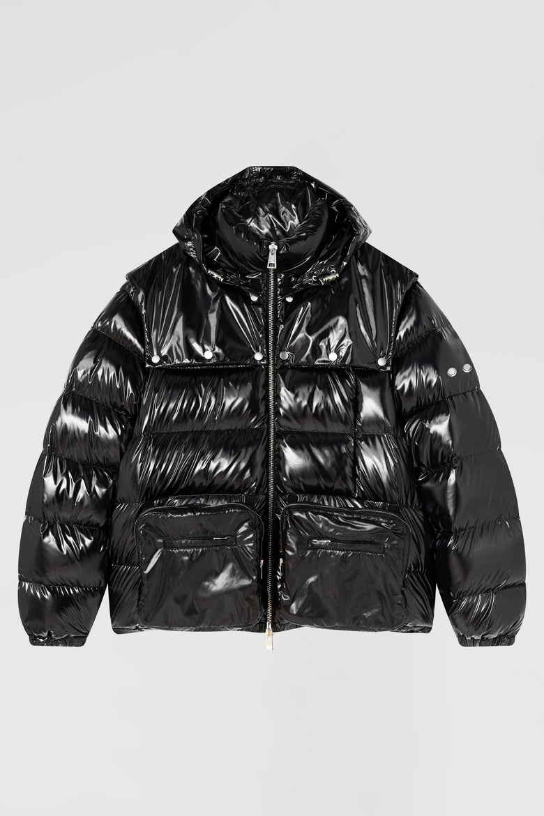 Down jacket with detachable hood and pockets