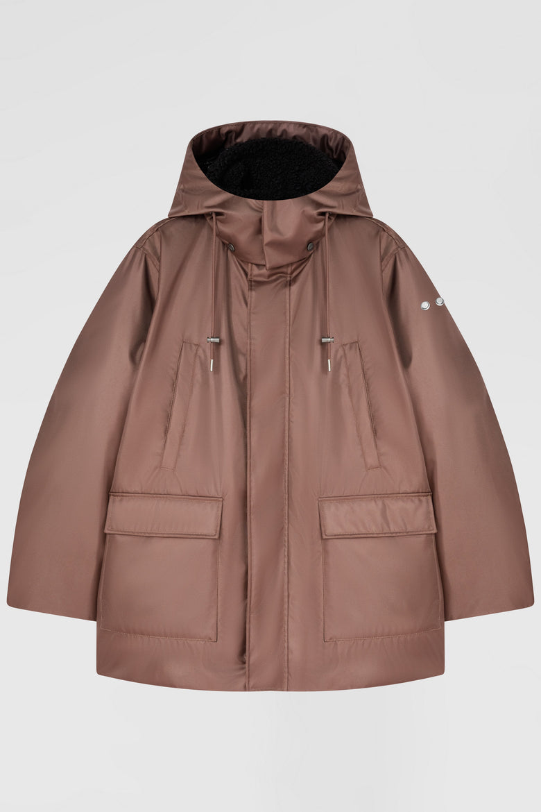 Down parka with detachable hood and eco shierling collar
