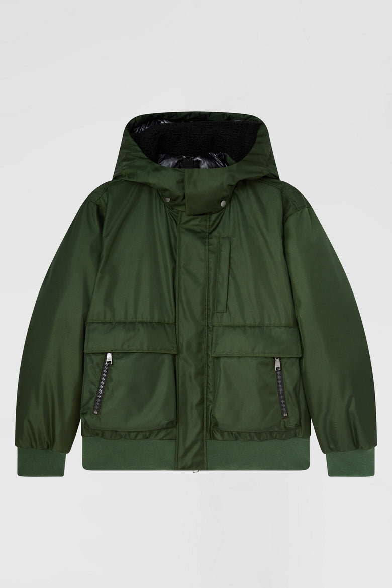 Down bomber with detachable hood and eco shierling collar