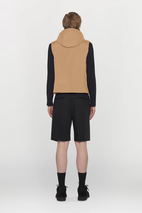 Water-repellent padded technical fabric waistcoat with removable hood