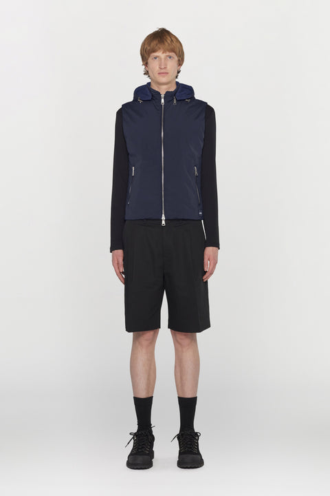 Water-repellent padded technical fabric waistcoat with removable hood